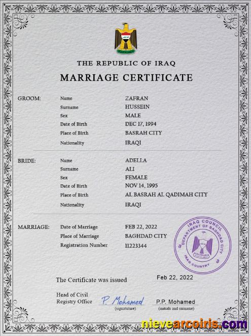 Iraq marriage certificate